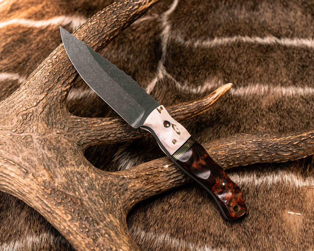Crow Jr- Elk Antler, Black G10 and Brass Split, Rare Orange Heart, Patriot Mosaic Pins, Brass Lanyard Pin, Textured Grip