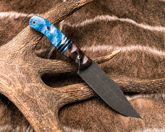 Crow Scout- Desert Ironwood, Black G10, Blue G10 and Aluminum Split, Dyed Coral, Mosaic Pins, Aluminum Lanyard Pin, Textured Grip