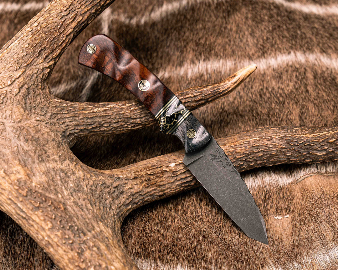 Modified Prometheus- Dyed Giraffe Bone, Black G10 and Brass Pin Striping, Black with Gold Web Tru-stone Split, Snakewood, Mosaic Pins, Textured Grip