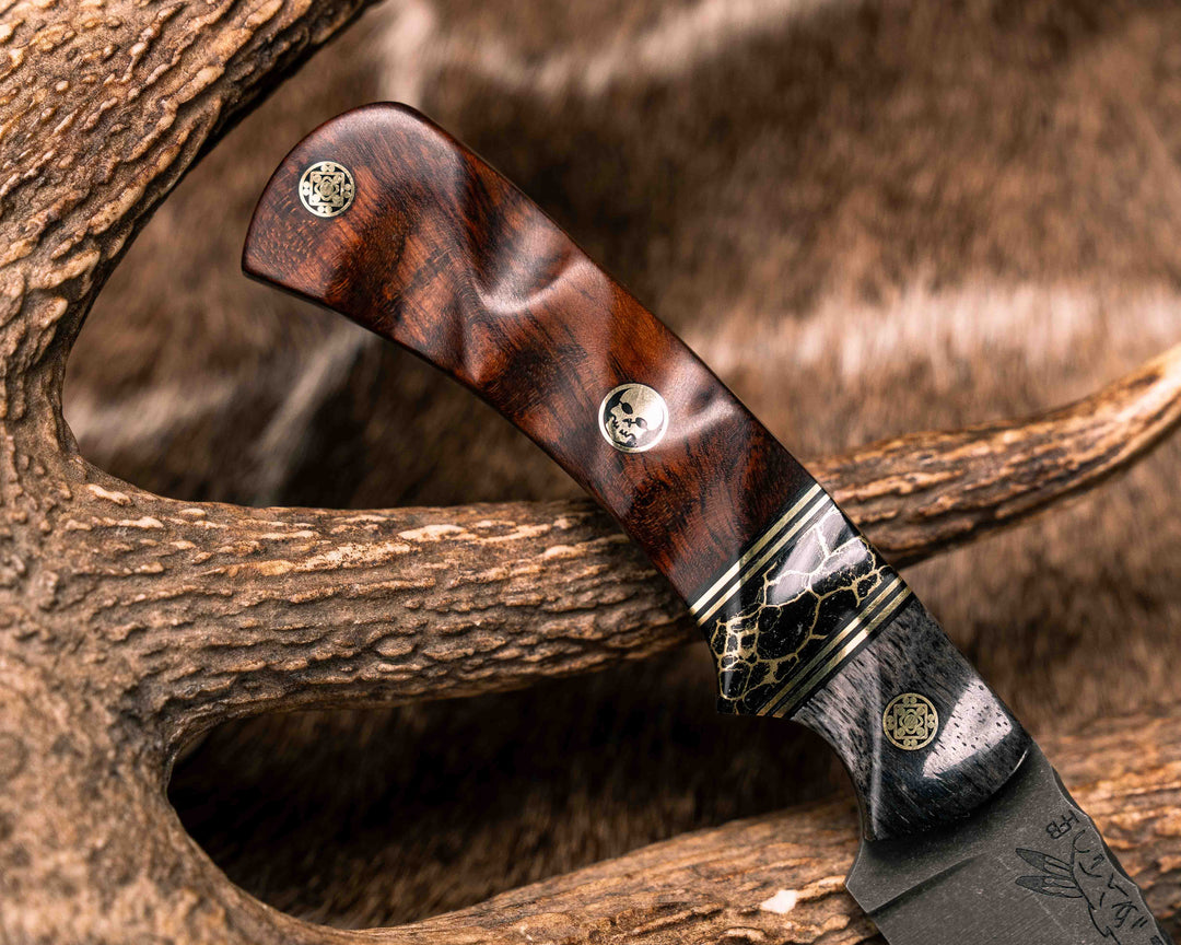 Modified Prometheus- Dyed Giraffe Bone, Black G10 and Brass Pin Striping, Black with Gold Web Tru-stone Split, Snakewood, Mosaic Pins, Textured Grip