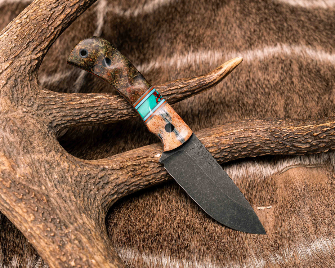 Cav Jr- Dyed Giraffe Bone, Grey G10, Orange G10 and Tiffany Blue G10 Pin Striping, Sonoran Sunset Tru-stone Split, Dyed Amboyna, CF Pins, CF Lanyard Pin, Textured Grip