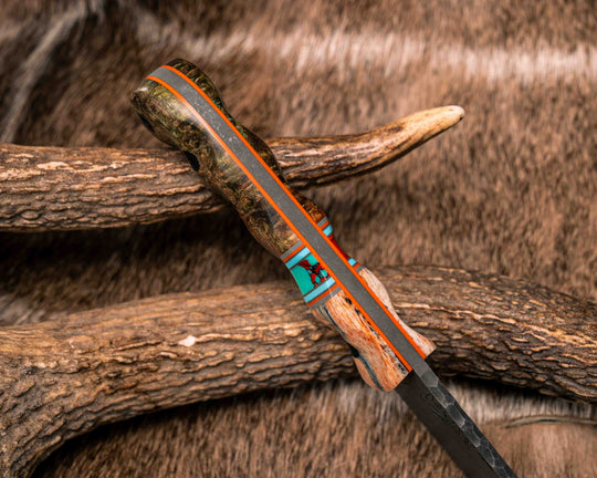 Cav Jr- Dyed Giraffe Bone, Grey G10, Orange G10 and Tiffany Blue G10 Pin Striping, Sonoran Sunset Tru-stone Split, Dyed Amboyna, CF Pins, CF Lanyard Pin, Textured Grip