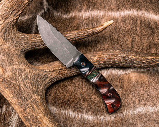 Cav Jr- Dyed Giraffe Bone, Copper and Black G10 Pin Striping, Dyed Buckeye Split, Afzelia Burl, Copper Patriot Mosaic Pins, Textured Grip