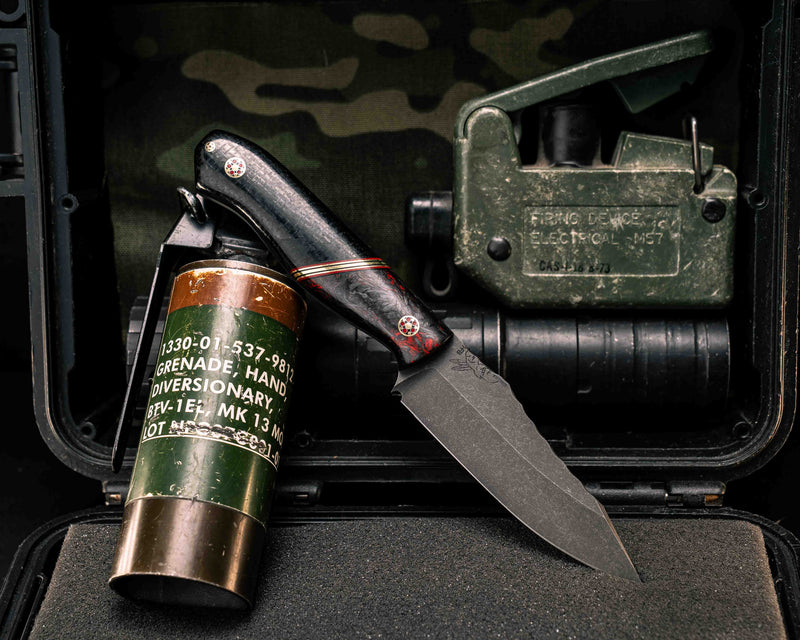 Field Knife Jr- Red Dark Matter Carbon, Black G10, Cherry G10 and Brass Split, Black Burlap Micarta, Mosaic Pins, 1/8" Mosaic Pins, Smooth Grip