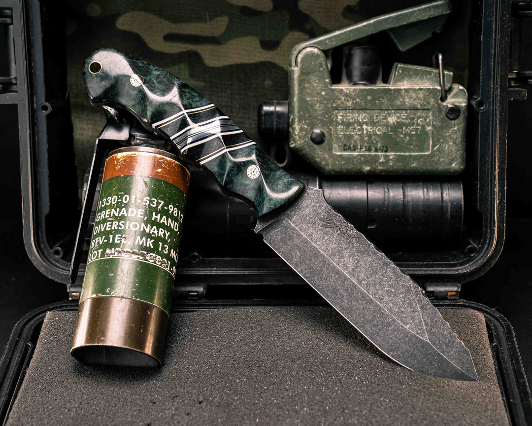 Disaster Breacher- Dyed Amoeba, Black G10, White G10 and Brass Pin Striping, Black Canvas Micarta and Aluminum Split, Mosaic Pins, Brass Lanyard Pin, Textured Grip