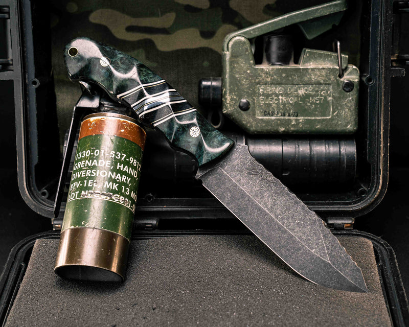 Disaster Breacher- Dyed Amoeba, Black G10, White G10 and Brass Pin Striping, Black Canvas Micarta and Aluminum Split, Mosaic Pins, Brass Lanyard Pin, Textured Grip