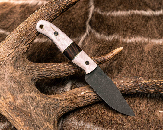 Crow Scalper- Elk Antler, Black G10 and Brass Pin Striping, Hawaiian Curly Koa Split, Mosaic Pins, Brass Lanyard Pin, Smooth Grip