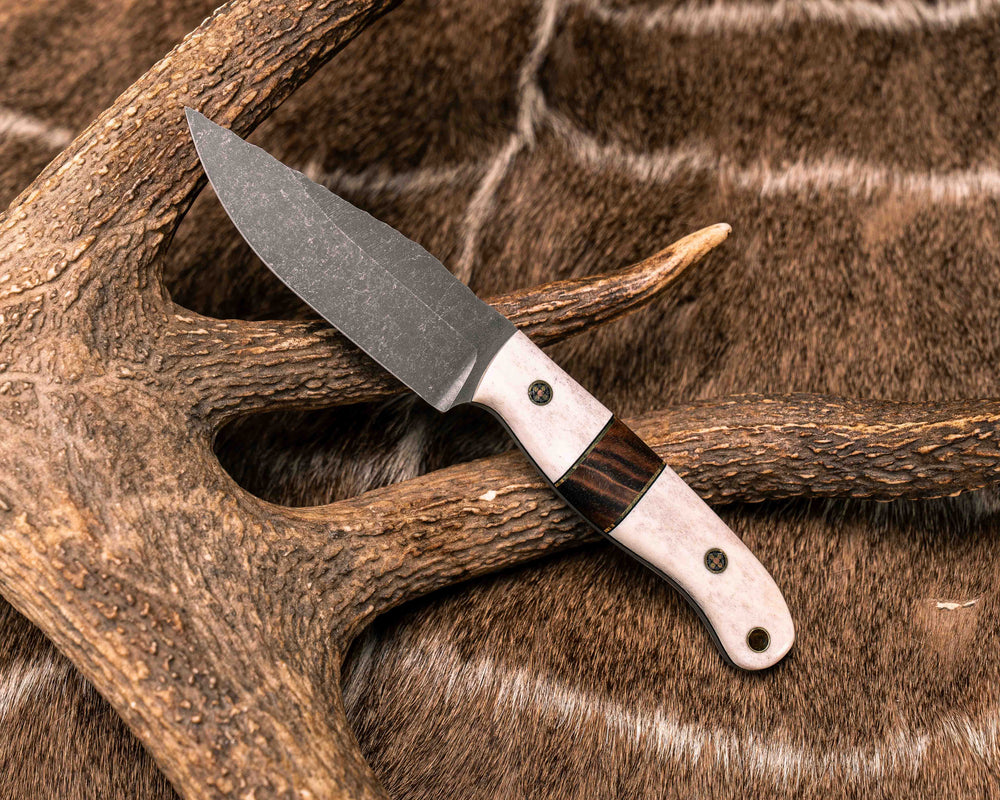 Crow Scalper- Elk Antler, Black G10 and Brass Pin Striping, Hawaiian Curly Koa Split, Mosaic Pins, Brass Lanyard Pin, Smooth Grip