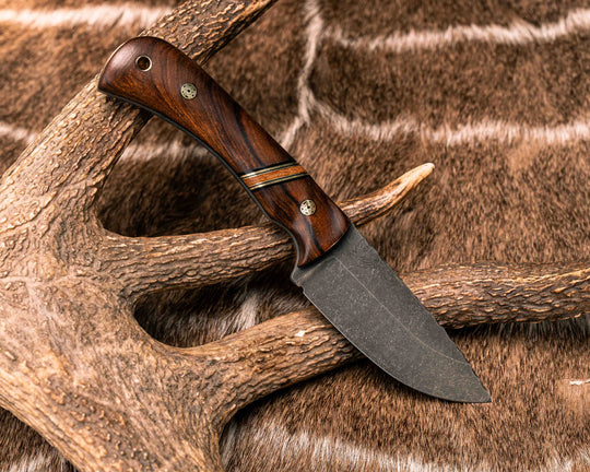 Cavner- Desert Ironwood, Black G10, Brass and Natural Canvas Micarta Split, Mosaic Pins, Brass Lanyard Pin, Textured Grip