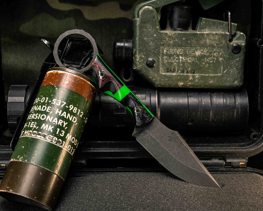 Jaq- Green Glow Marbled Carbon, Glow Resin Split, Flow Party Camo Carbon, Mosaic Pins, Textured Grip