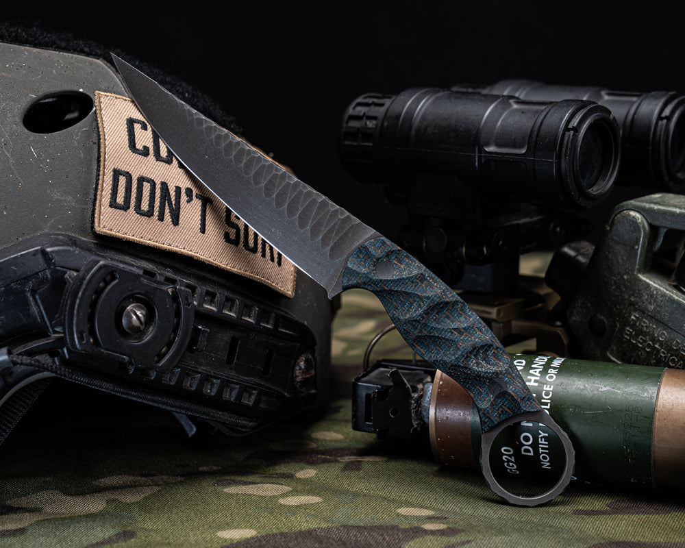 Osoraku 4"- Kamari Burlap Micarta, CF Pins, Chaos Grip