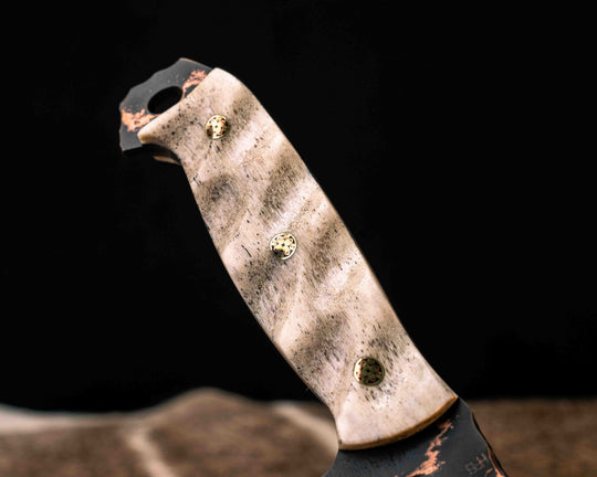 Bowie Jr.- Baker Forge Wavy Pattern CopperMai- Elk Antler, Mosaic Pins, Textured Grip