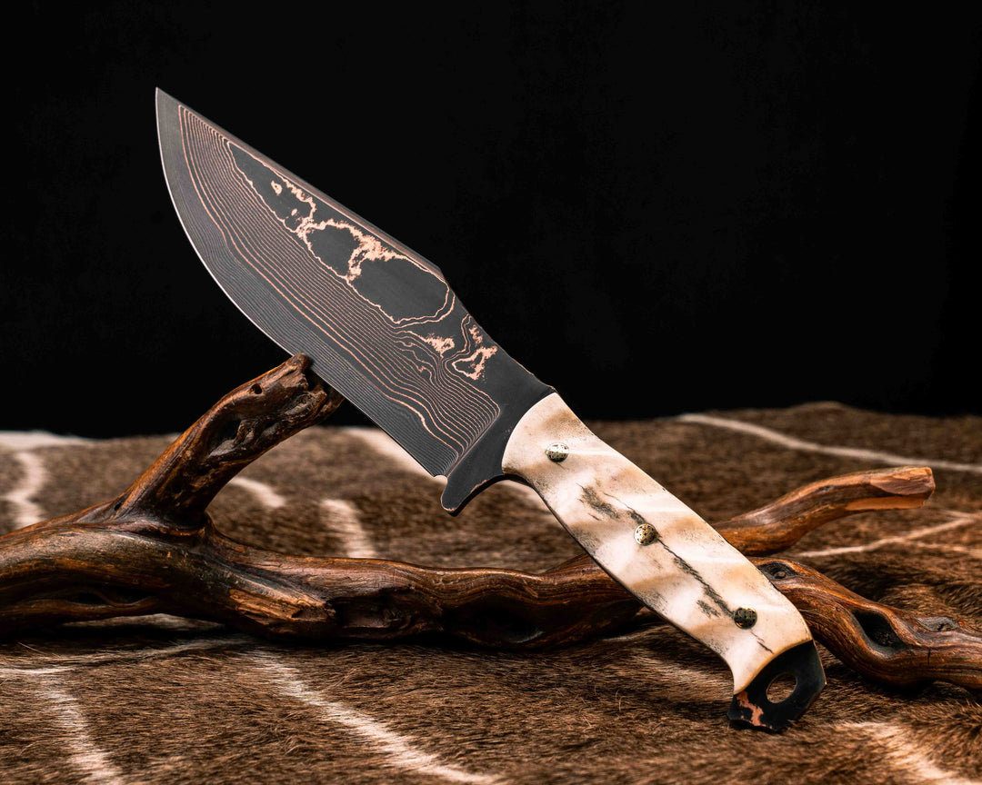 Bowie Jr.- Baker Forge Wavy Pattern CopperMai- Elk Antler, Mosaic Pins, Textured Grip