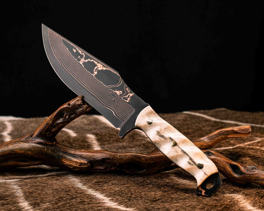 Bowie Jr.- Baker Forge Wavy Pattern CopperMai- Elk Antler, Mosaic Pins, Textured Grip