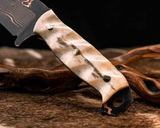 Bowie Jr.- Baker Forge Wavy Pattern CopperMai- Elk Antler, Mosaic Pins, Textured Grip
