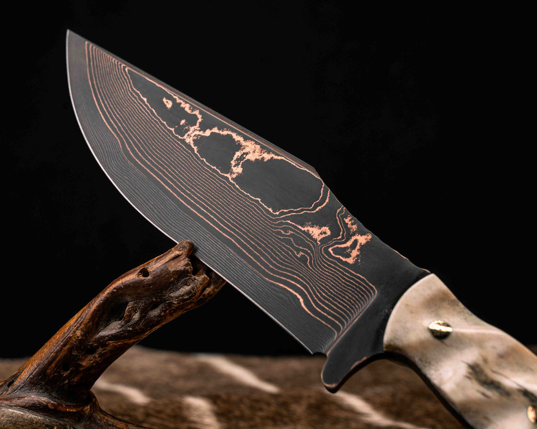 Bowie Jr.- Baker Forge Wavy Pattern CopperMai- Elk Antler, Mosaic Pins, Textured Grip