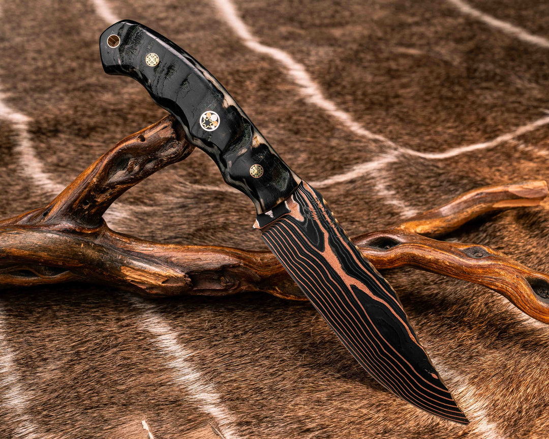 Crow Scout- Vegas Forge Random Patter Copper SanMai- Rams Horn, Mosaic Pins, 3/8" Mosaic Pin, Copper Lanyard Pin, Natural Grip
