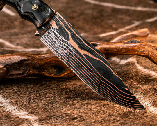 Crow Scout- Vegas Forge Random Patter Copper SanMai- Rams Horn, Mosaic Pins, 3/8" Mosaic Pin, Copper Lanyard Pin, Natural Grip