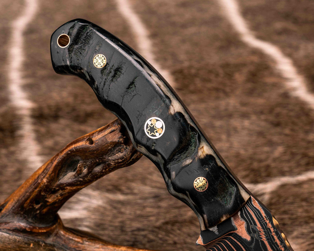 Crow Scout- Vegas Forge Random Patter Copper SanMai- Rams Horn, Mosaic Pins, 3/8" Mosaic Pin, Copper Lanyard Pin, Natural Grip