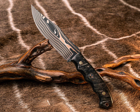 Crow Scout- Vegas Forge Random Patter Copper SanMai- Rams Horn, Mosaic Pins, 3/8" Mosaic Pin, Copper Lanyard Pin, Natural Grip