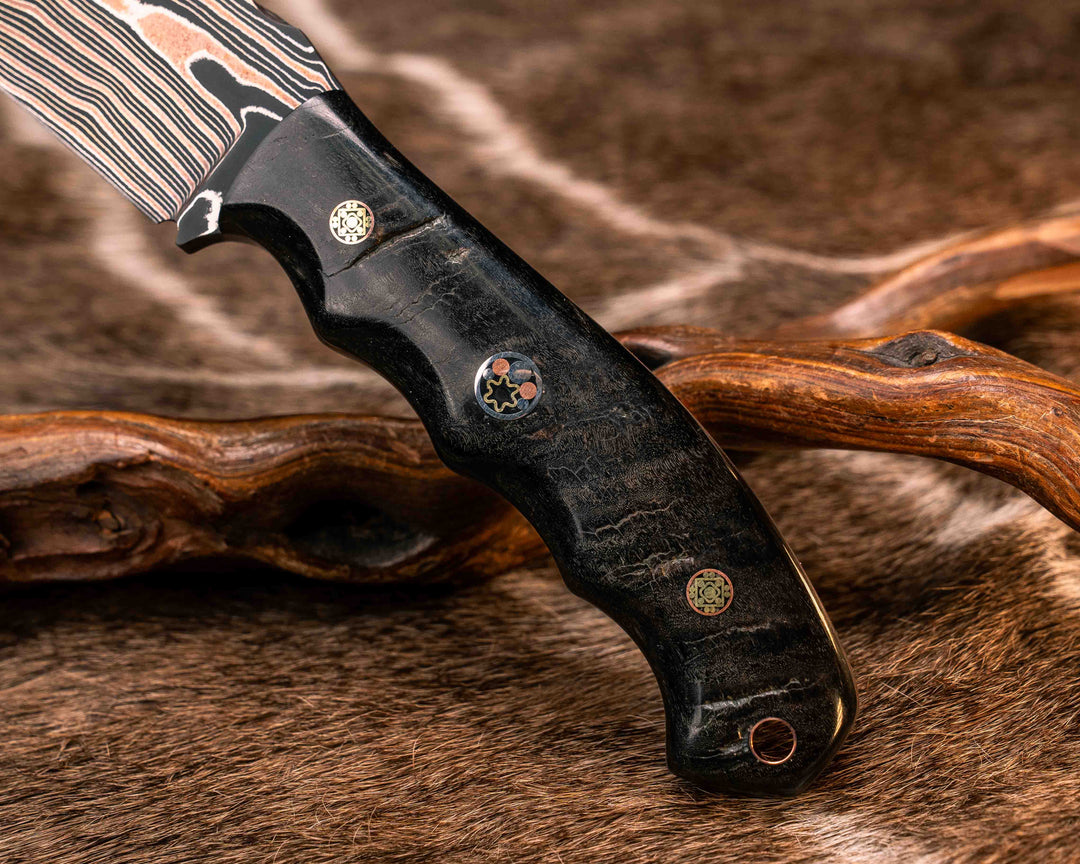 Crow Scout- Vegas Forge Random Patter Copper SanMai- Rams Horn, Mosaic Pins, 3/8" Mosaic Pin, Copper Lanyard Pin, Natural Grip