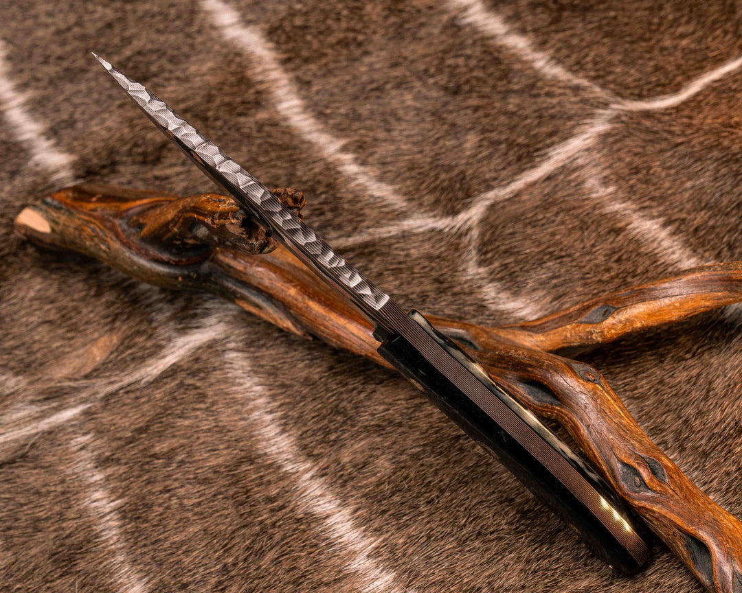 Crow Scout- Vegas Forge Random Patter Copper SanMai- Rams Horn, Mosaic Pins, 3/8" Mosaic Pin, Copper Lanyard Pin, Natural Grip