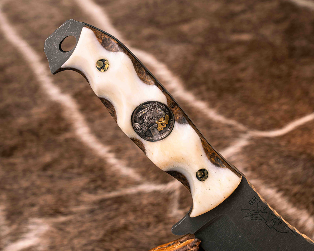 Bowie Jr- Giraffe Bone Over Kitanche, 1937 Half Face Warrior Skull Nickel Inlay, Brass Mosaic Pins, Textured Grip