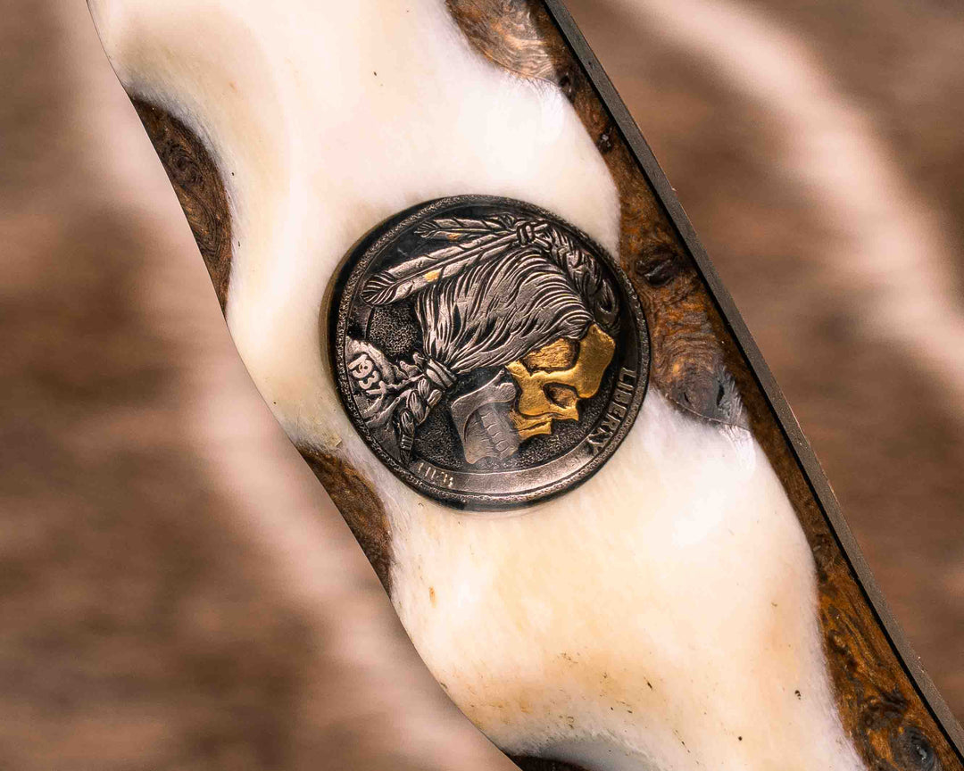 Bowie Jr- Giraffe Bone Over Kitanche, 1937 Half Face Warrior Skull Nickel Inlay, Brass Mosaic Pins, Textured Grip