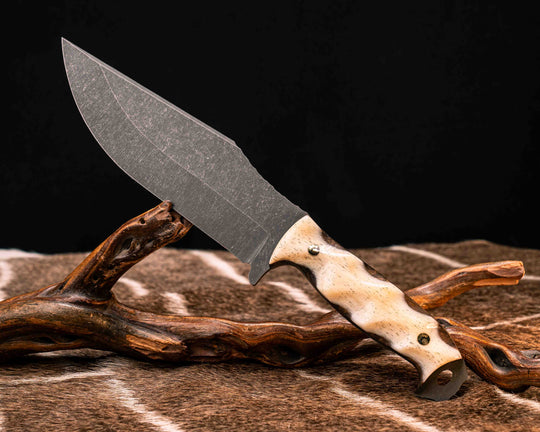 Bowie Jr- Giraffe Bone Over Kitanche, 1937 Half Face Warrior Skull Nickel Inlay, Brass Mosaic Pins, Textured Grip