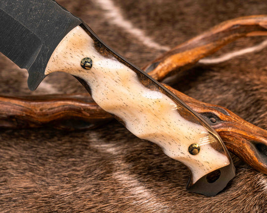 Bowie Jr- Giraffe Bone Over Kitanche, 1937 Half Face Warrior Skull Nickel Inlay, Brass Mosaic Pins, Textured Grip