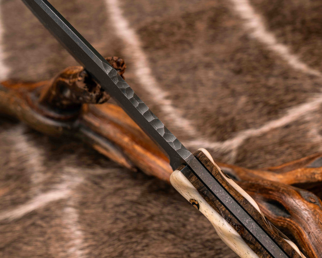Bowie Jr- Giraffe Bone Over Kitanche, 1937 Half Face Warrior Skull Nickel Inlay, Brass Mosaic Pins, Textured Grip