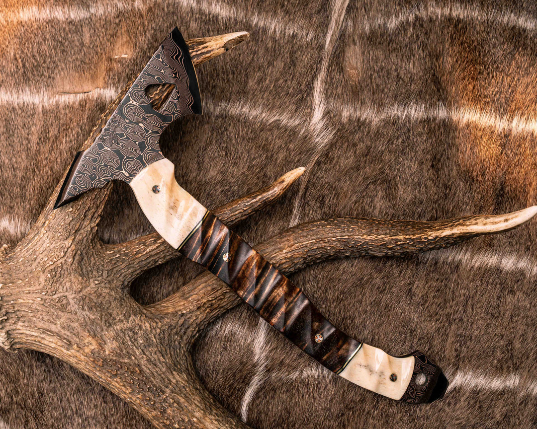 Bleeding Heart Hawk- Baker Forge Raindrop Pattern CopperMai- Giraffe Bone, Black G10 and Brass Pin Striping, Hawaiian Curly Koa, Mosaic Pins, Textured Grip