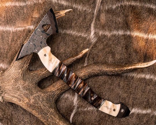 Bleeding Heart Hawk- Baker Forge Raindrop Pattern CopperMai- Giraffe Bone, Black G10 and Brass Pin Striping, Hawaiian Curly Koa, Mosaic Pins, Textured Grip