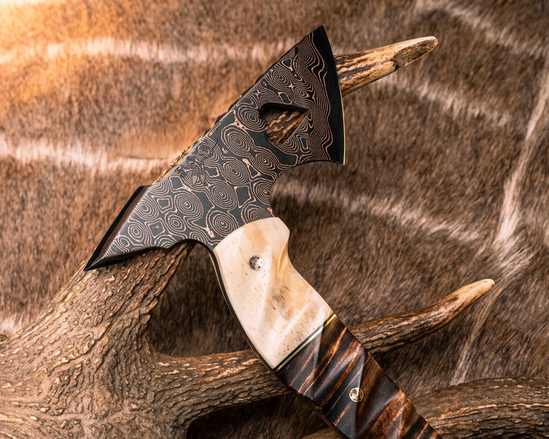 Bleeding Heart Hawk- Baker Forge Raindrop Pattern CopperMai- Giraffe Bone, Black G10 and Brass Pin Striping, Hawaiian Curly Koa, Mosaic Pins, Textured Grip