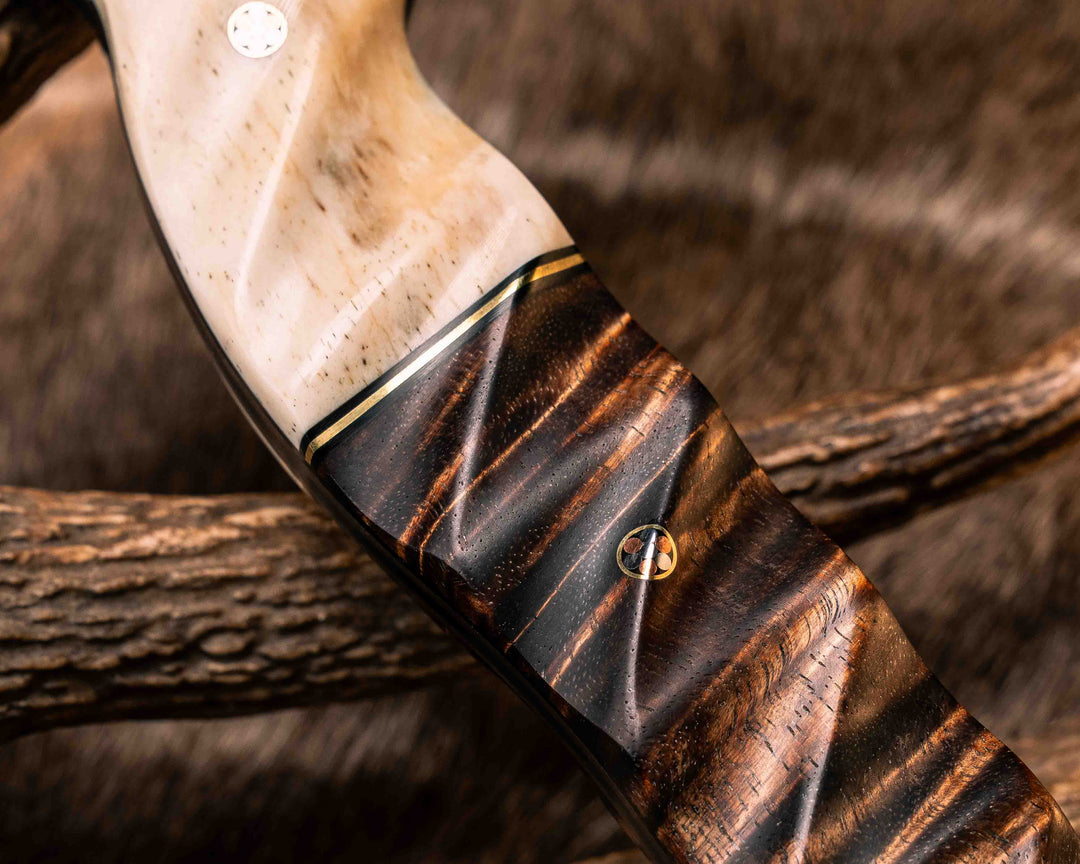Bleeding Heart Hawk- Baker Forge Raindrop Pattern CopperMai- Giraffe Bone, Black G10 and Brass Pin Striping, Hawaiian Curly Koa, Mosaic Pins, Textured Grip