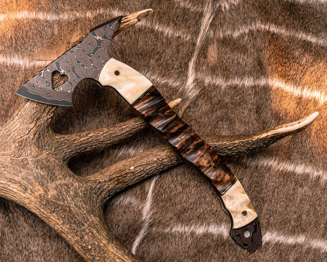 Bleeding Heart Hawk- Baker Forge Raindrop Pattern CopperMai- Giraffe Bone, Black G10 and Brass Pin Striping, Hawaiian Curly Koa, Mosaic Pins, Textured Grip