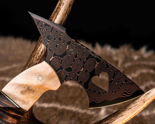Bleeding Heart Hawk- Baker Forge Raindrop Pattern CopperMai- Giraffe Bone, Black G10 and Brass Pin Striping, Hawaiian Curly Koa, Mosaic Pins, Textured Grip