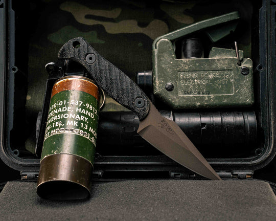 Gulo Gulo- Black Burlap Micarta, Midnight Bronze Cerakote, Allen Bolts, Textured Grip