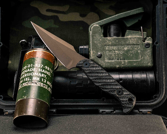 Gulo Gulo- Black Burlap Micarta, Midnight Bronze Cerakote, Allen Bolts, Textured Grip