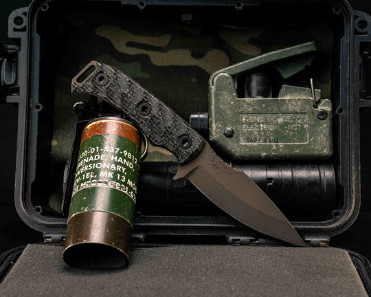 Ishi- Black Burlap Micarta, Midnight Bronze Cerakote, Allen Bolts, Textured Grip