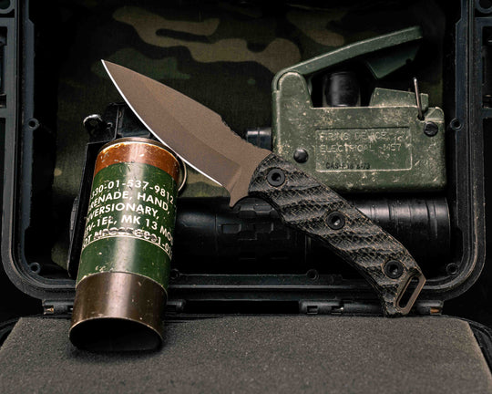Ishi- Black Burlap Micarta, Midnight Bronze Cerakote, Allen Bolts, Textured Grip