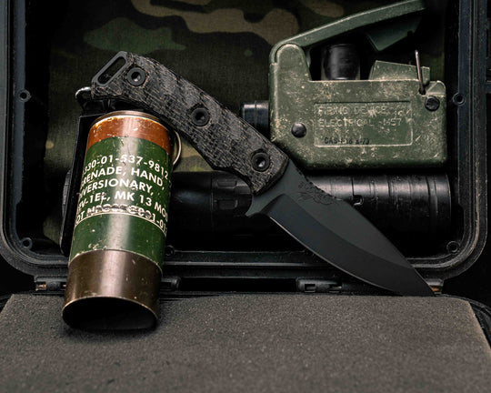 Ishi- Black Burlap Micarta, Armor Black Cerakote, Allen Bolts, Textured Grip