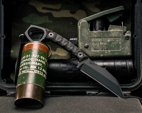 SHPOS- Black Burlap Micarta, Armor Black Cerakote, Allen Bolts, Textured Grip
