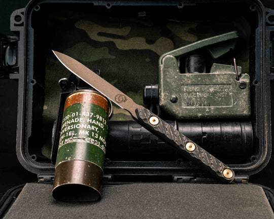 OSS Spike - Gold Camo CF, Midnight Bronze Cerakote, Brass Allen Bolts, Textured Grip