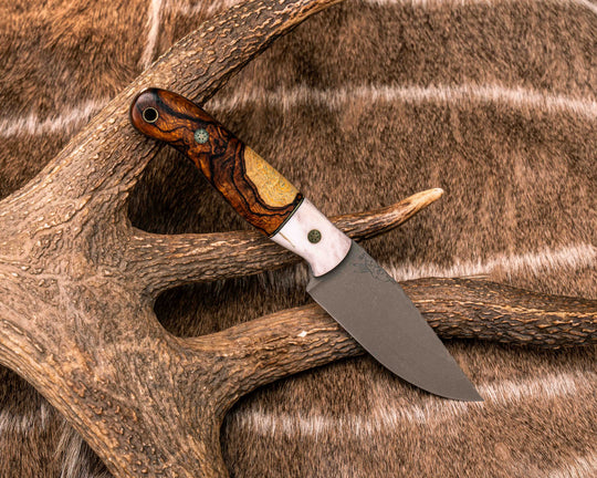 Crow Jr- Elk Antler, Black G10 and Brass Split, Desert Ironwood, Brass Mosaic Pins, Brass Lanyard Pin, Smooth Grip