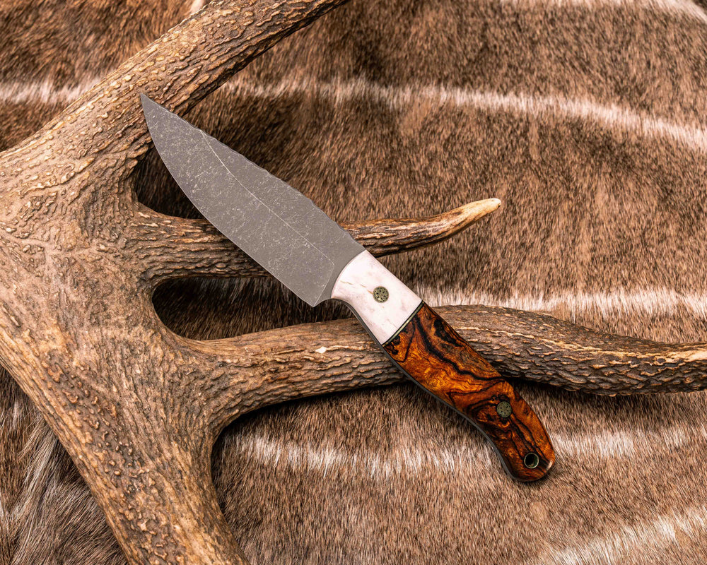 Crow Jr- Elk Antler, Black G10 and Brass Split, Desert Ironwood, Brass Mosaic Pins, Brass Lanyard Pin, Smooth Grip