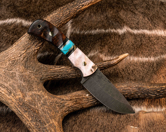 Cavner- Elk Antler, Black G10 and Brass Pin Striping, Turquoise with Gold Web Tru-stone Split, Hawaiian Curly Koa, Brass Mosaic Pins, Brass Lanyard Pin, Textured Grip
