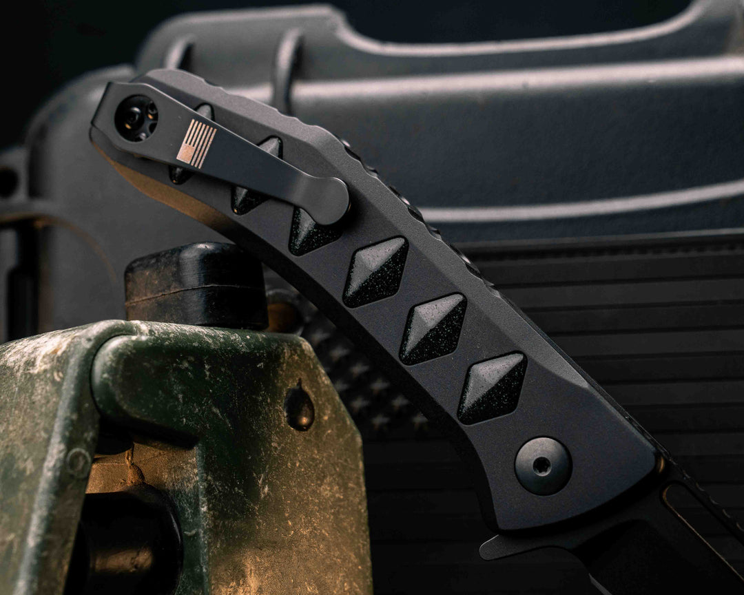 Custom Kwaiken Folder - Black Rubber Resin UV Blue Glow Inlay, Anodized Black Handle, Black Nitride Blade, Textured Grip, Deep Carry Pocket Clip