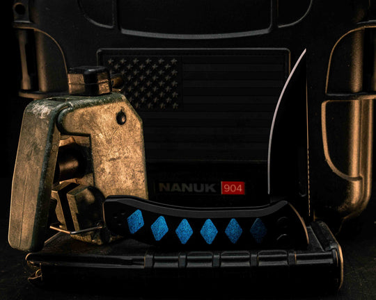 Custom Kwaiken Folder - Black Rubber Resin UV Blue Glow Inlay, Anodized Black Handle, Black Nitride Blade, Textured Grip, Deep Carry Pocket Clip