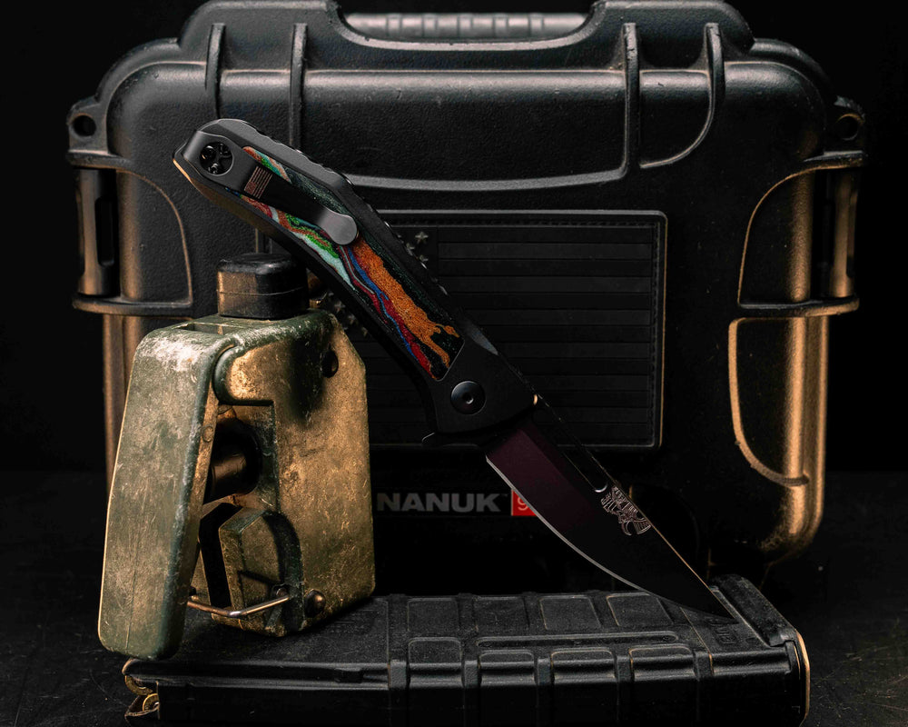 Custom Kwaiken Folder- Biggie Coogi Sweater Micarta, Anodized Black Handle, Black Nitride Blade, Smooth Grip, Deep Carry Pocket Clip